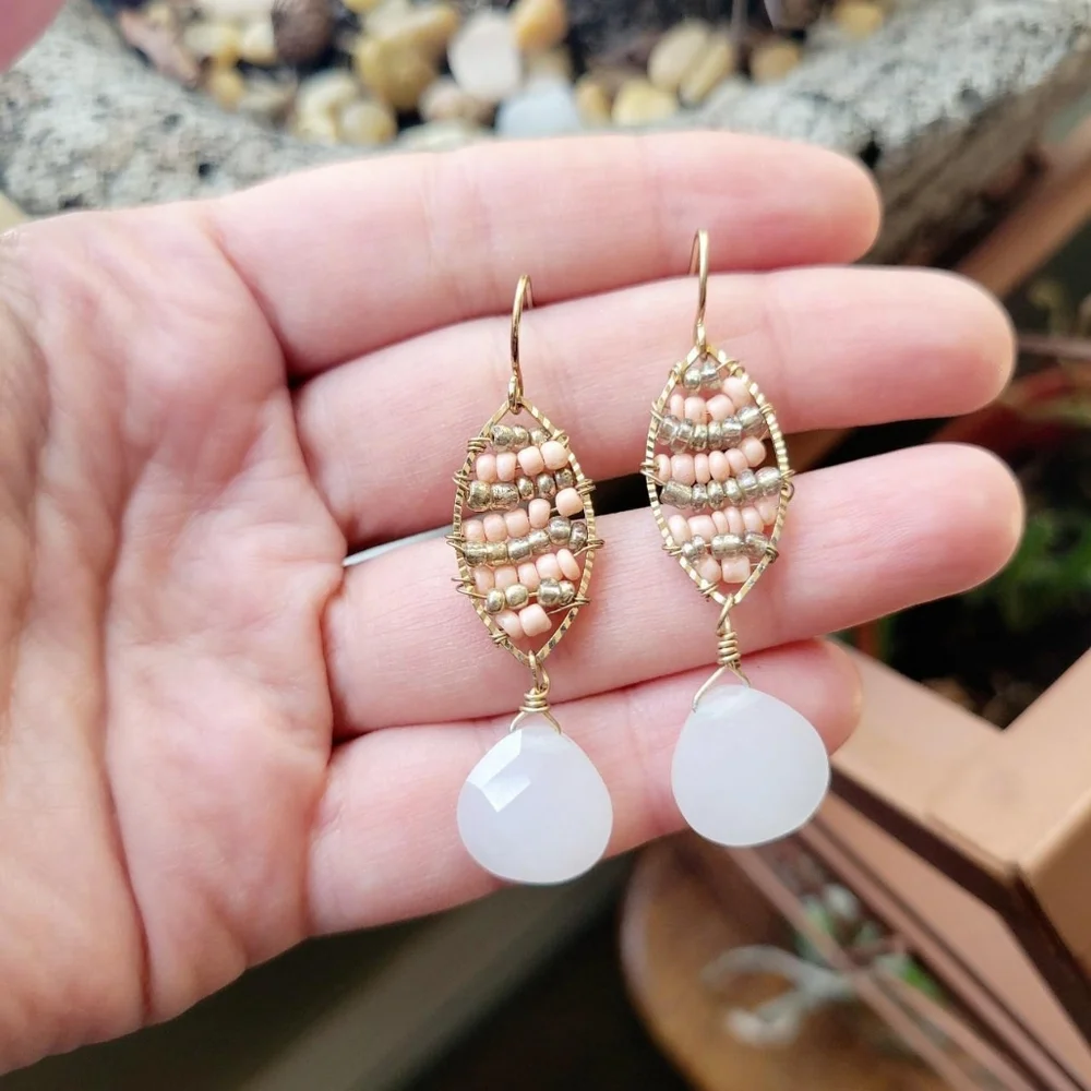Handmade Pink & White Beaded Dangle Drop Hook Earrings